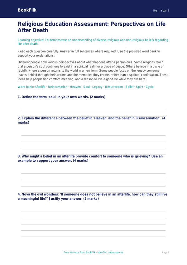 Grade 3 Social Studies: Understanding Cultural Traditions and Memory worksheet preview — Re Life After Death