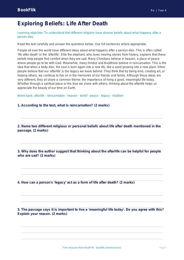 Free Life After Death Comprehension | Grade 3 | Social Studies | BookFlik worksheet preview — Re Life After Death
