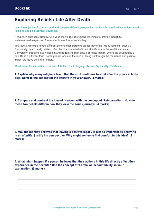 Grade 3 Traditions and Remembrance Worksheet | Social Studies | BookFlik worksheet preview — Re Life After Death