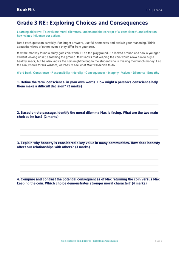 Free Moral Questions Assessment | Grade 3 | Social Studies | BookFlik worksheet preview — Re Moral Questions