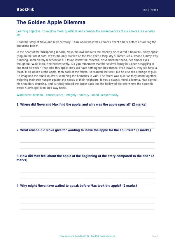 Free Moral Questions Comprehension | Grade 3 | Social Studies | BookFlik worksheet preview — Re Moral Questions