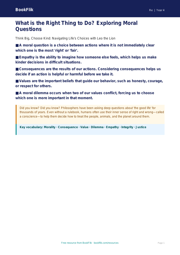 Free Moral Questions Poster | Grade 3 | Social Studies | BookFlik worksheet preview — Re Moral Questions