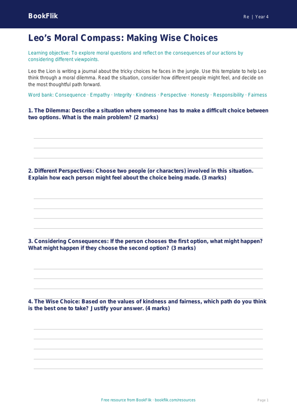 Free Moral Questions Template | Grade 3 | Social Studies | BookFlik worksheet preview — Re Moral Questions