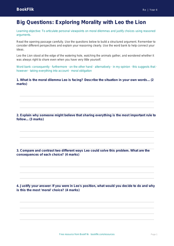 Free Moral Questions Writing Frame | Grade 3 | Social Studies | BookFlik worksheet preview — Re Moral Questions