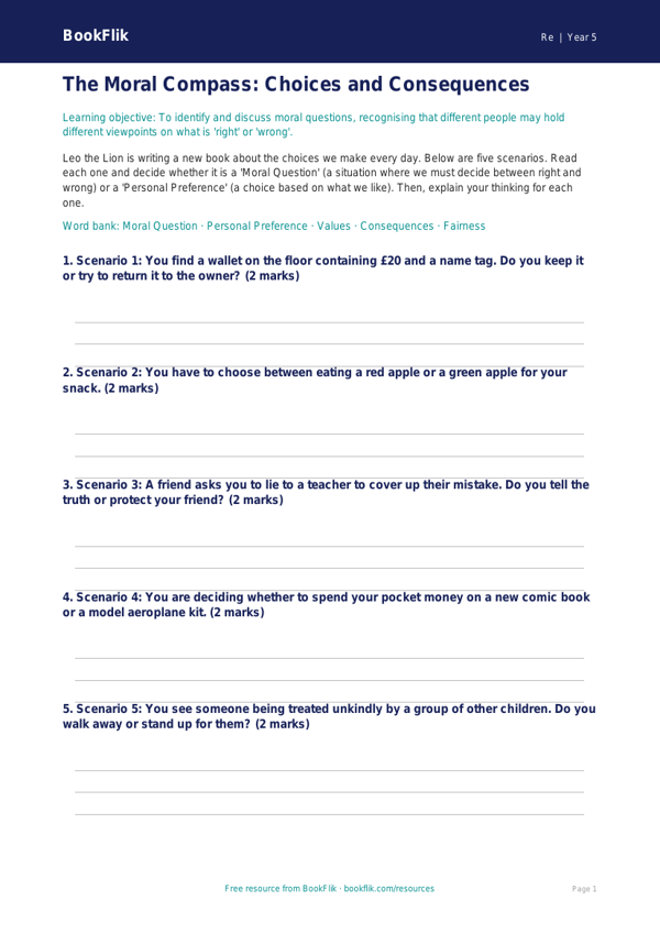Free Moral Questions Activity Sheet | Grade 4 | Social Studies | BookFlik worksheet preview — Re Moral Questions