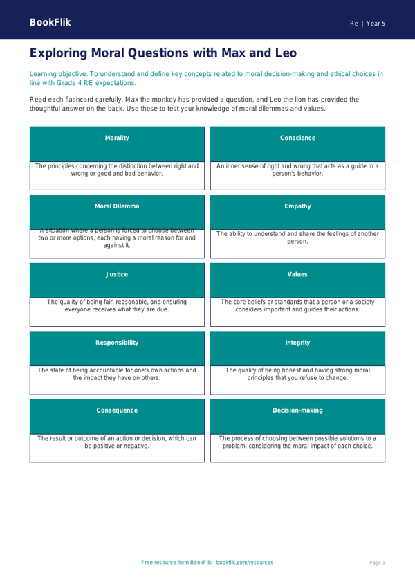 Free Moral Questions Flashcards | Grade 4 | Social Studies | BookFlik worksheet preview — Re Moral Questions
