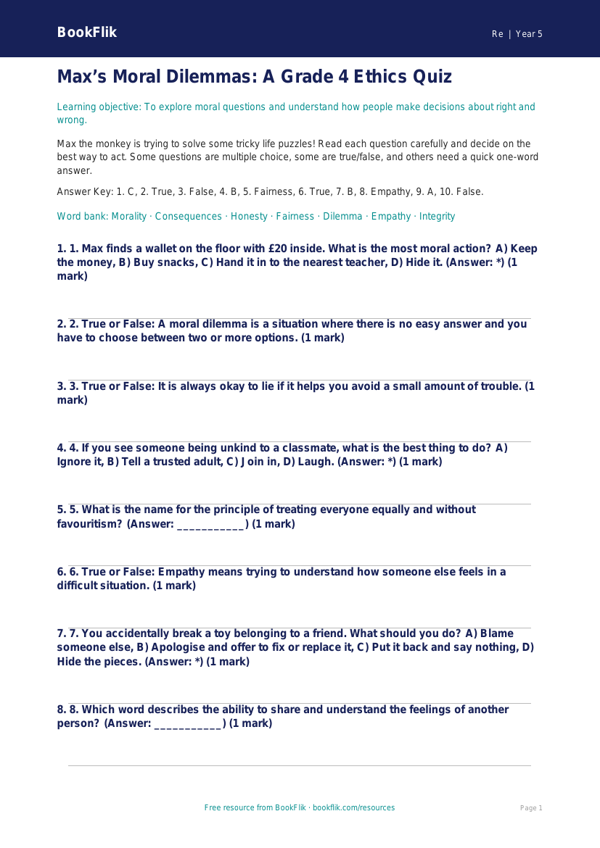 Free Moral Questions Quiz | Grade 4 | Social Studies | BookFlik worksheet preview — Re Moral Questions