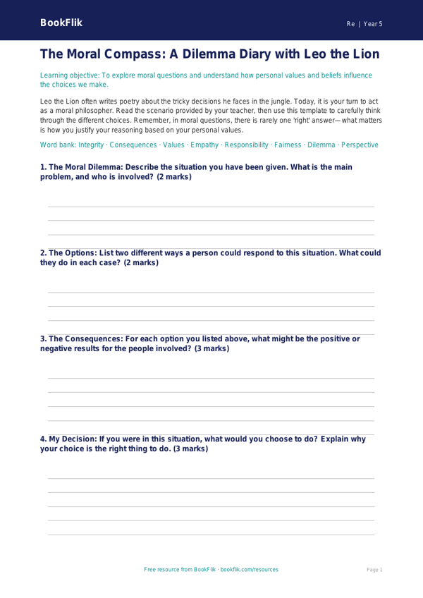 Free Moral Questions Template | Grade 4 | Social Studies | BookFlik worksheet preview — Re Moral Questions