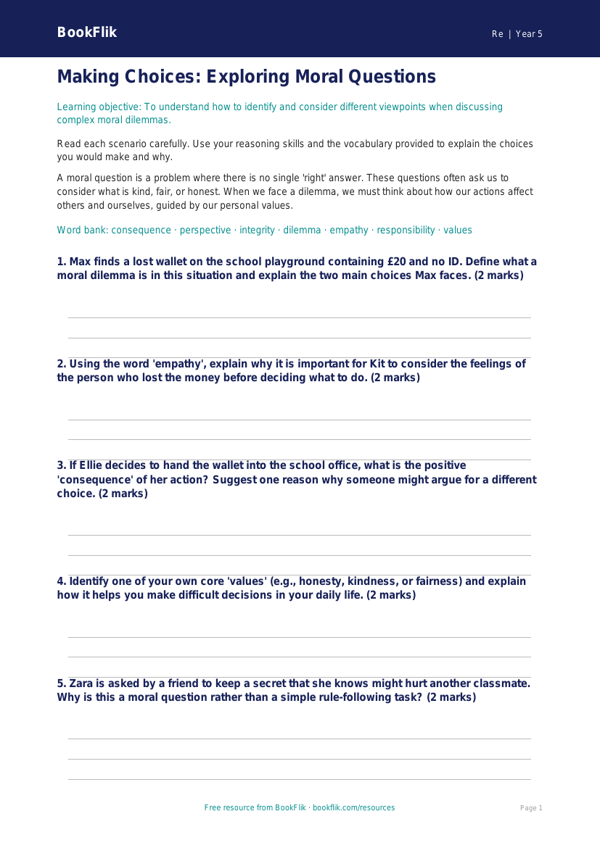 Free Moral Questions Worksheet | Grade 4 | Social Studies | BookFlik worksheet preview — Re Moral Questions