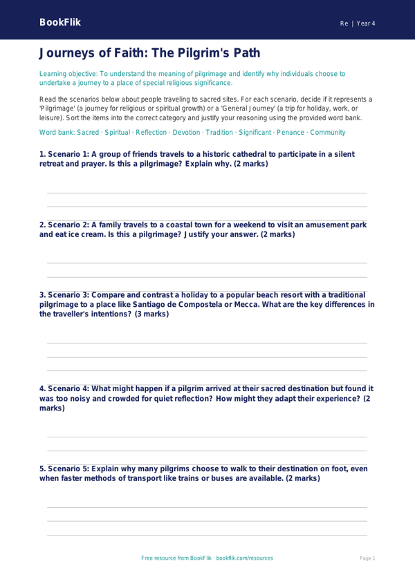 Free Pilgrimage Activity Sheet | Grade 3 | Social Studies | BookFlik worksheet preview — Re Pilgrimage