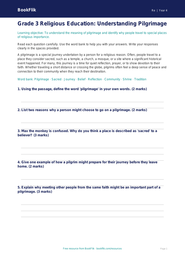Free Pilgrimage Assessment for Grade 3 Social Studies | BookFlik worksheet preview — Re Pilgrimage