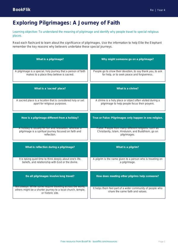 Free Pilgrimage Flashcards | Grade 3 | Social Studies | BookFlik worksheet preview — Re Pilgrimage