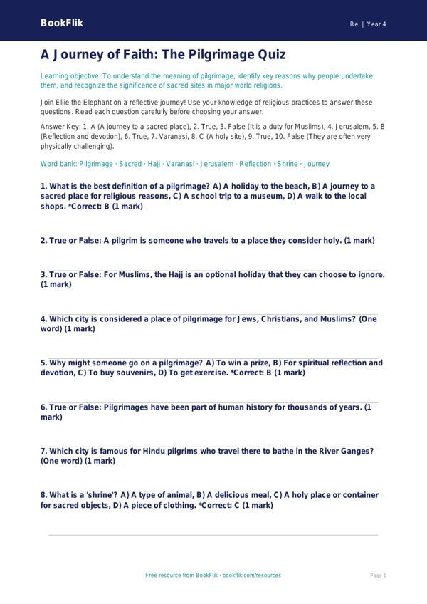 Free Pilgrimage Quiz | Grade 3 | Social Studies | BookFlik worksheet preview — Re Pilgrimage