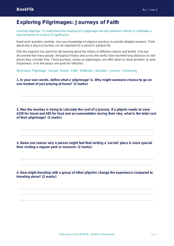 Free Pilgrimage Worksheet for Grade 3 Social Studies | BookFlik worksheet preview — Re Pilgrimage