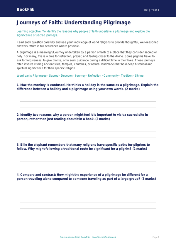 Free Pilgrimage Worksheet | Grade 3 | Social Studies | BookFlik worksheet preview — Re Pilgrimage