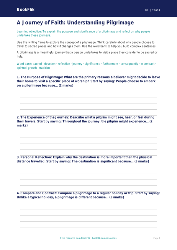 Free Pilgrimage Writing Frame | Grade 3 | Social Studies | BookFlik worksheet preview — Re Pilgrimage