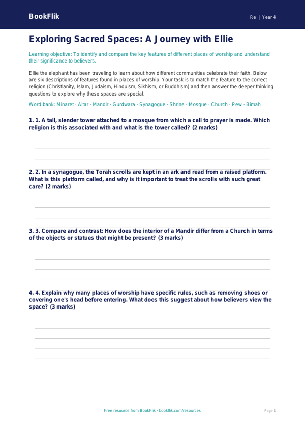 Free Places Of Worship Activity Sheet | Grade 3 | Social Studies | BookFlik worksheet preview — Re Places Of Worship
