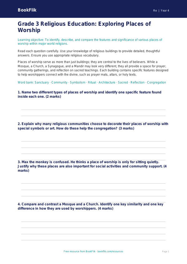 Free Places Of Worship Assessment | Grade 3 | Social Studies | BookFlik worksheet preview — Re Places Of Worship