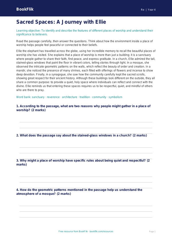 Free Places Of Worship Comprehension | Grade 3 | Social Studies | BookFlik worksheet preview — Re Places Of Worship