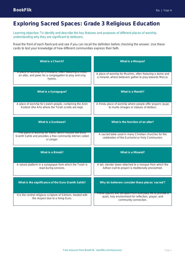 Free Places Of Worship Flashcards | Grade 3 | Social Studies | BookFlik worksheet preview — Re Places Of Worship