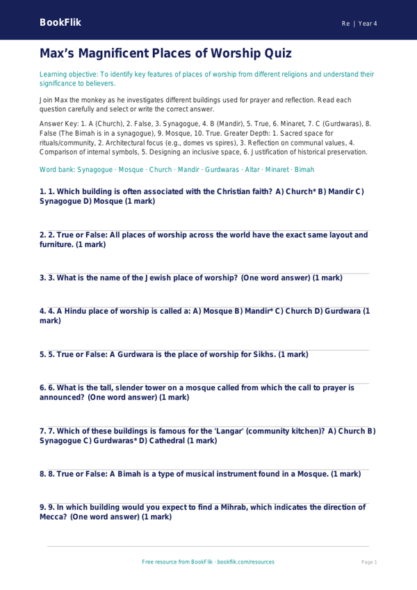 Free Places Of Worship Quiz | Grade 3 | Social Studies | BookFlik worksheet preview — Re Places Of Worship