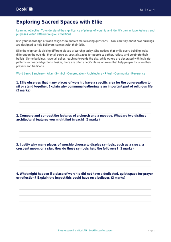 Free Places Of Worship Worksheet | Grade 3 | Social Studies | BookFlik worksheet preview — Re Places Of Worship