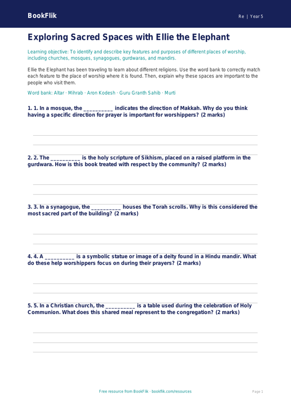 Free Places Of Worship Activity Sheet | Grade 4 | Social Studies | BookFlik worksheet preview — Re Places Of Worship