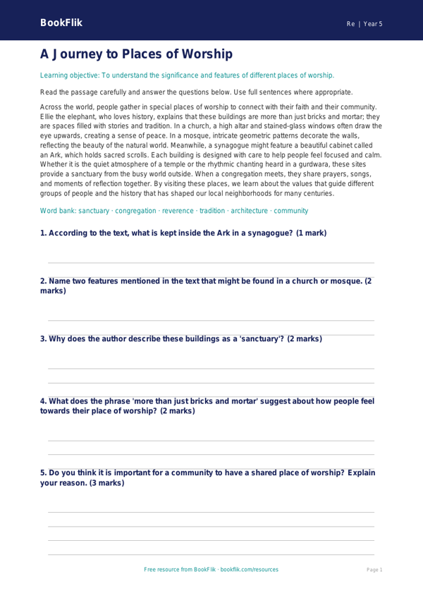 Free Places Of Worship Comprehension | Grade 4 | Social Studies | BookFlik worksheet preview — Re Places Of Worship