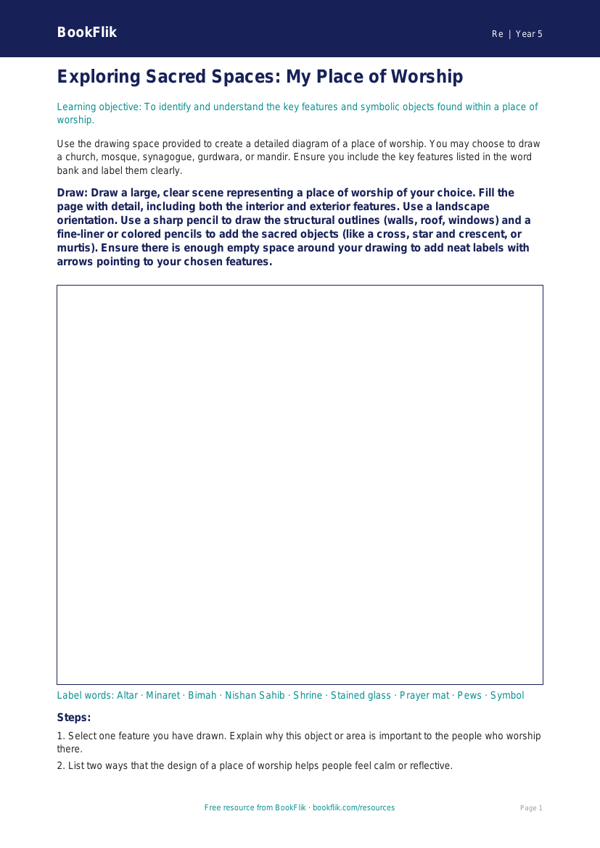 Free Places Of Worship Drawing Sheet | Grade 4 | Social Studies | BookFlik worksheet preview — Re Places Of Worship