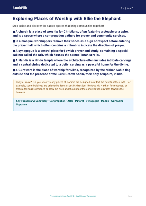 Free Places Of Worship Poster | Grade 4 | Social Studies | BookFlik worksheet preview — Re Places Of Worship