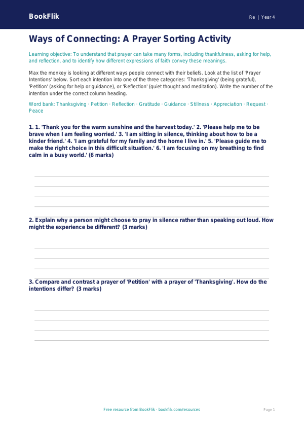 Understanding Traditions: Prayer Activity Sheet | Grade 3 | BookFlik worksheet preview — Re Prayer