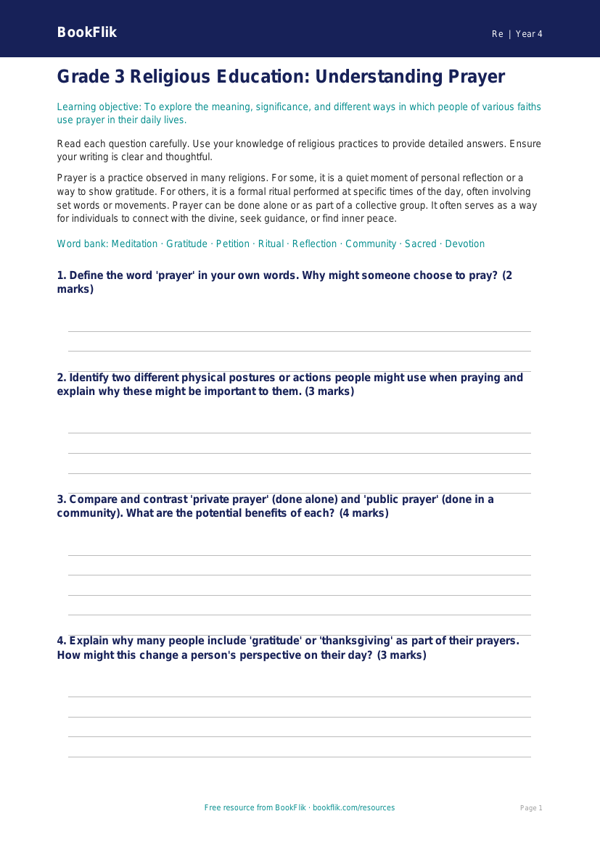 Grade 3 Social Studies: Understanding Traditions and Prayer | BookFlik worksheet preview — Re Prayer