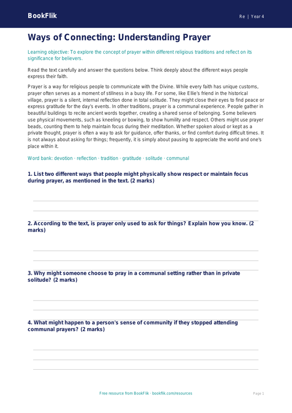 Understanding Traditions: Prayer Comprehension Grade 3 | BookFlik worksheet preview — Re Prayer