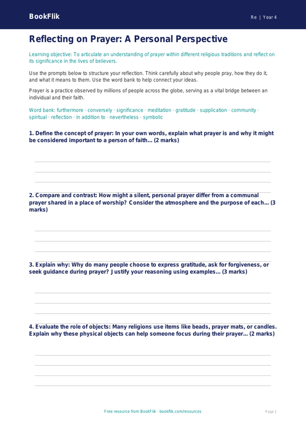 Free Prayer Writing Frame | Grade 3 | Social Studies | BookFlik worksheet preview — Re Prayer