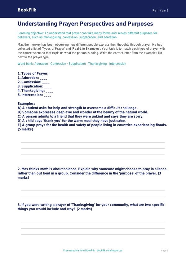 Free Prayer and Traditions Activity Sheet | Grade 4 Social Studies worksheet preview — Re Prayer