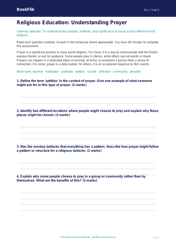 Understanding Prayer in World Cultures | Grade 4 Social Studies | BookFlik worksheet preview — Re Prayer