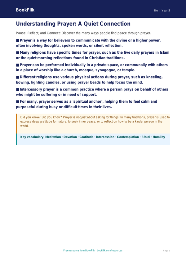 Free Prayer Poster | Grade 4 | Social Studies | BookFlik worksheet preview — Re Prayer