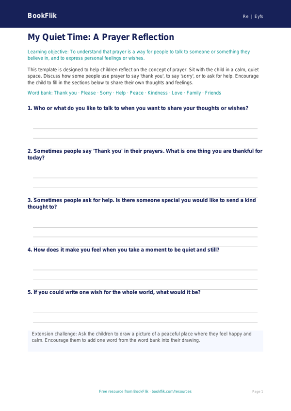 Free Prayer Template for Pre-K | Social Studies Lesson | BookFlik worksheet preview — Re Prayer