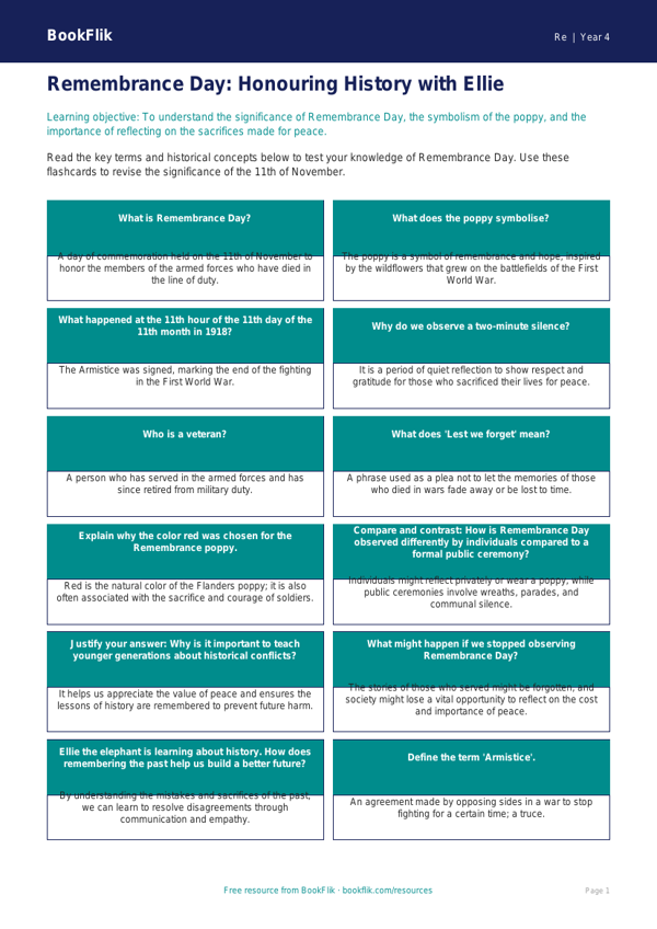 Free Remembrance Day Flashcards | Grade 3 | Social Studies | BookFlik worksheet preview — Re Remembrance Day