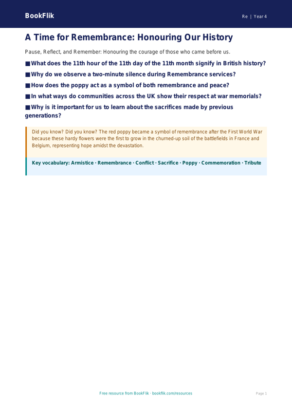 Free Remembrance Day Poster | Grade 3 | Social Studies | BookFlik worksheet preview — Re Remembrance Day