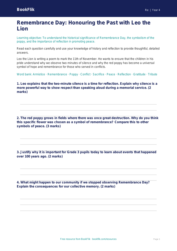 Free Remembrance Day Worksheet | Grade 3 | Social Studies | BookFlik worksheet preview — Re Remembrance Day