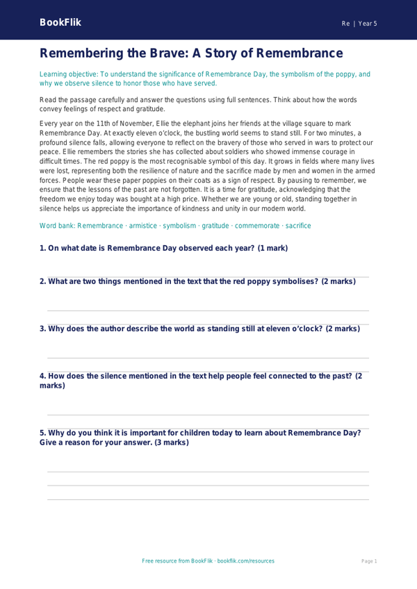 Free Remembrance Day Comprehension | Grade 4 | Social Studies | BookFlik worksheet preview — Re Remembrance Day