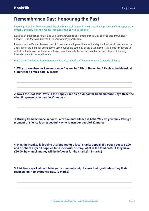 Free Remembrance Day Worksheet | Grade 4 | Social Studies | BookFlik worksheet preview — Re Remembrance Day