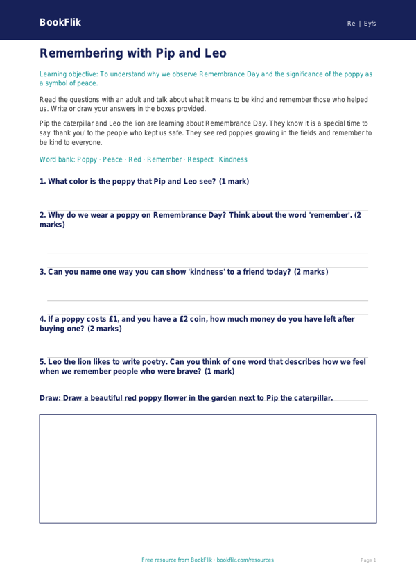 Free Remembrance Day Worksheet | Pre-K | Social Studies | BookFlik worksheet preview — Re Remembrance Day