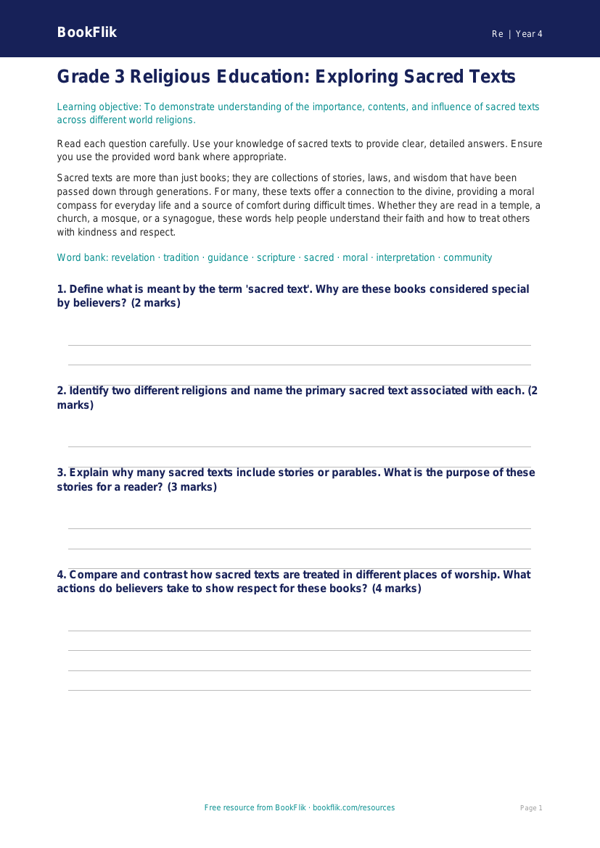 Free Sacred Texts Assessment | Grade 3 | Social Studies | BookFlik worksheet preview — Re Sacred Texts