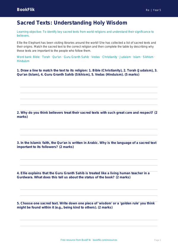 Sacred Texts Activity Sheet | Grade 4 Social Studies | BookFlik worksheet preview — Re Sacred Texts