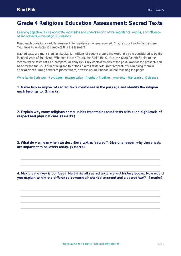 Sacred Texts Assessment Grade 4 | Social Studies Worksheet | BookFlik worksheet preview — Re Sacred Texts
