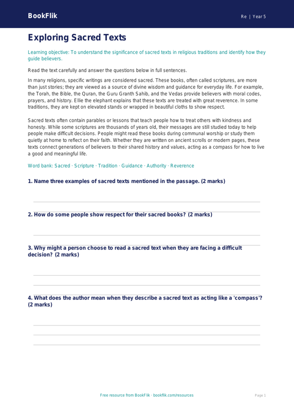 Free Sacred Texts Comprehension | Grade 4 | Social Studies | BookFlik worksheet preview — Re Sacred Texts
