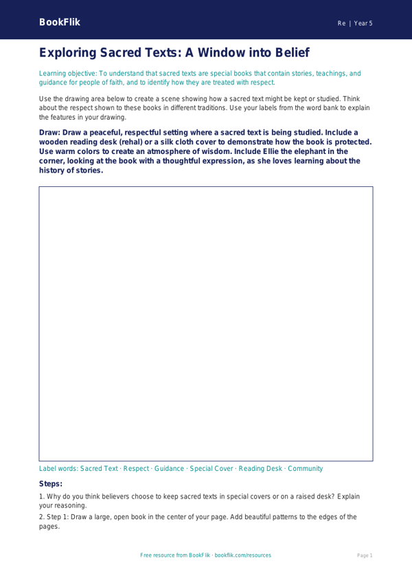 Sacred Texts Drawing Sheet | Grade 4 Social Studies | BookFlik worksheet preview — Re Sacred Texts