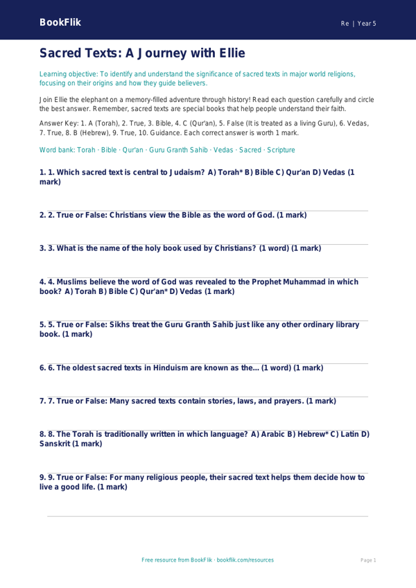 Sacred Texts Quiz for Grade 4 | Social Studies | BookFlik worksheet preview — Re Sacred Texts
